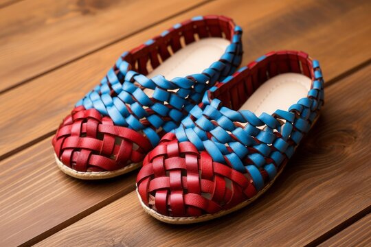 Traditional mexican huarache sandals handcrafted with woven red and blue leather on a wooden surface