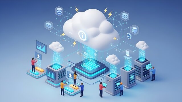 Isometric rendering of cloud computing concept with servers and digital data visualization