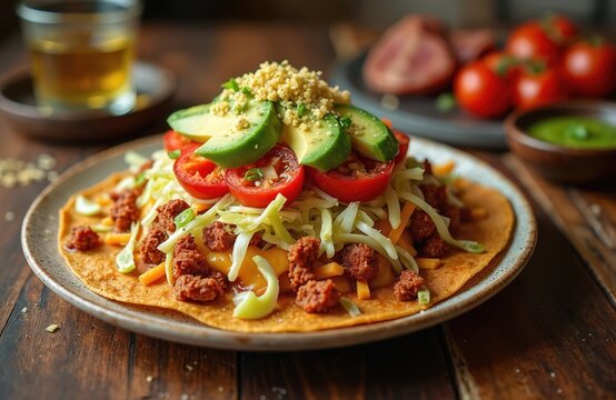 Oaxaca tlayuda topped with cheese avocado tomato and crumbled meat served on plate. Delicious Mexican food is garnished with fresh green onions. Meal ready to eat.
