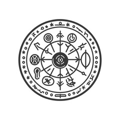 Obraz premium A Circular Graphic Depicting Mystical Symbols and Geometric Lines
