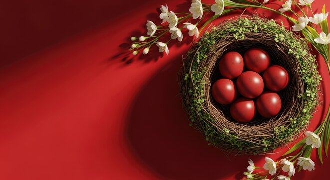 Easter sunday red eggs in a bird's nest on red background with floral decorations