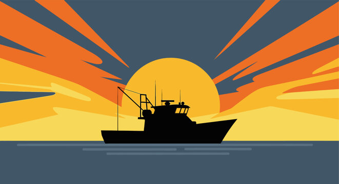Fishing boat silhouette against a vibrant sunset with orange and yellow rays