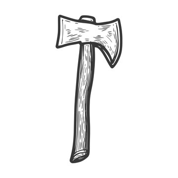 A detailed monochrome drawing depicting a double bladed axe