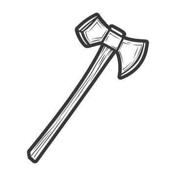 A black and white illustration of a double sided axe