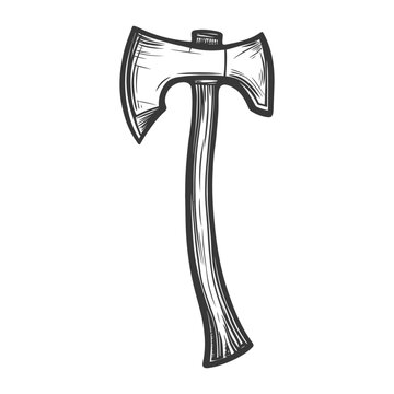 An illustrated double bladed axe with wooden handle