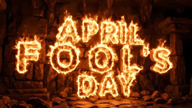 Fiery flaming text reading April Fool's Day against dark stone ruins, intense orange fire animation for holiday pranks and social media content