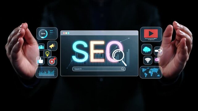 SEO concept for improving SEO visibility, with SEO related digital tools and SEO performance icons shown in an focused layout for strategic marketing. Elide