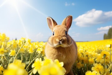 Obraz premium Brown bunny standing among vibrant yellow flowers under a clear blue sky