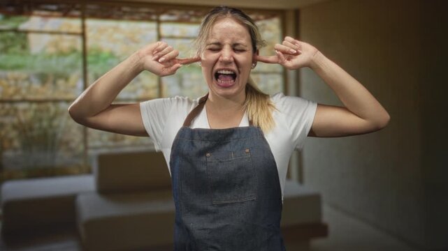 Woman plugs ears with fingers and screams in an empty studio room, wearing denim apron and ponytail; frustration overload.