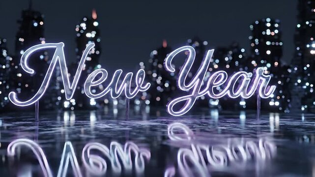 Neon script text glowing New Year in blue light reflection on wet road surface with bokeh illuminated city skyline background