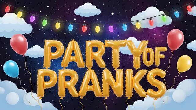 Animated golden balloons spelling 'PARTY OF PRANKS' celebrating April Fool's day holiday, festive night sky with colorful party lights and floating clouds for prank event