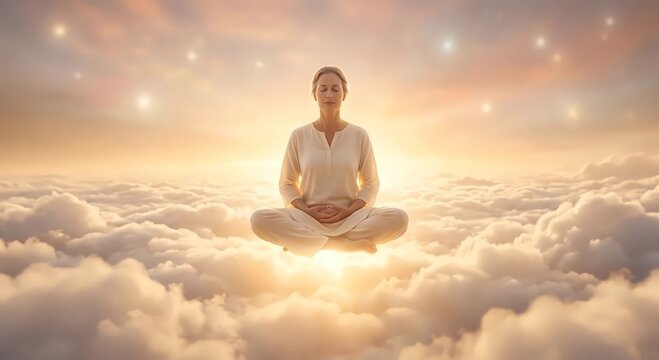 Conceptual illustration of a person floating serenely in a lotus meditation pose above a vast sea of soft white clouds. The scene is illuminated by a warm, golden sunrise glowing from below