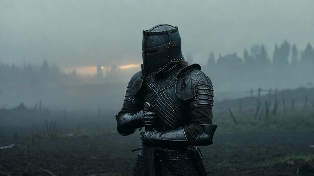 A lone armored knight holds a sword in a cinematic style on a foggy field, symbolizing bravery and medieval heroism
