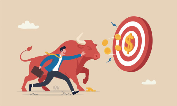 Financial risk,red big bullseye target making money, debt or loss problem, chasing investment return, danger or crisis, businessman risk himself chasing money to grab flying dollar gold coin.