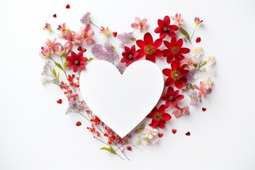 Heart shape surrounded by red and pink flowers, creating a romantic floral frame on white background