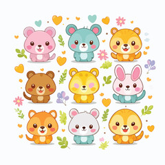Fototapeta premium Cute baby animals collection illustrated in a kawaii style, featuring soft pastel colors, simple shapes, and adorable smiling faces. This clean vector illustration set is designed on a white backgroun
