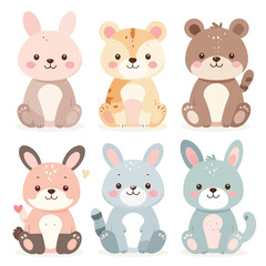 Fototapeta premium Cute baby animals collection illustrated in a kawaii style, featuring soft pastel colors, simple shapes, and adorable smiling faces. This clean vector illustration set is designed on a white backgroun