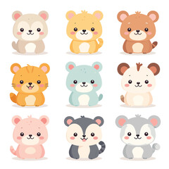 Fototapeta premium Cute baby animals collection illustrated in a kawaii style, featuring soft pastel colors, simple shapes, and adorable smiling faces. This clean vector illustration set is designed on a white backgroun