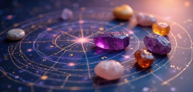 Crystals arranged on a star chart with zodiac symbols. Gems like amethyst and citrine suggest mystical cosmic energy, divination, and spiritual guidance. Celestial orbs shimmer, hinting at destiny.