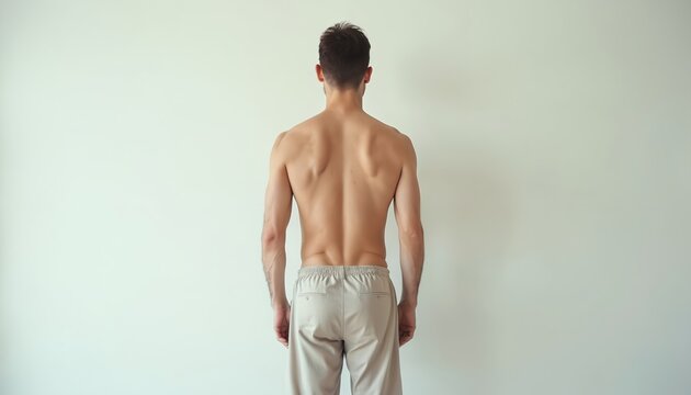 Man stands shirtless facing away from camera against plain wall. His muscular back and shoulders are visible in detail. Casual pants are worn below waist. Focus on form and posture.
