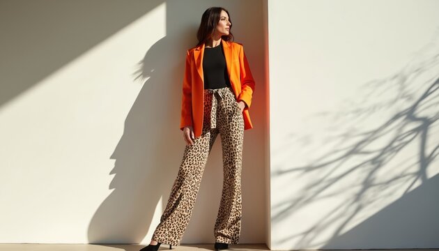 Woman wears stylish leopard print trousers and bright orange jacket. She poses against wall with tree shadows. Outfit is trendy bold fashion.