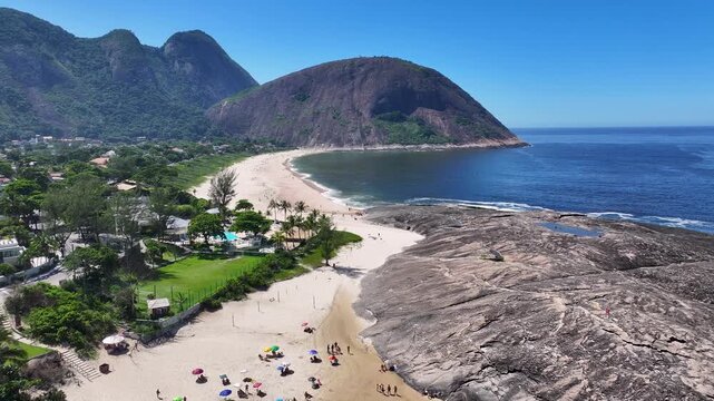 Itacoatiara Beach In Niteroi Rio De Janeiro Brazil. Travel Landscape. Tropical Scenery. Nature Skyline. Itacoatiara Beach In Niteroi Rio De Janeiro Brazil. Tourism Landmark. 
