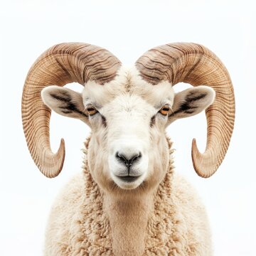 Majestic ram with large, curved horns is posing on a white background