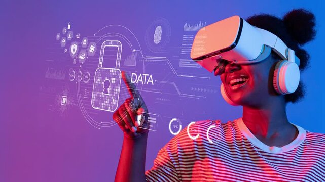 A woman joyfully engages with a virtual reality headset, surrounded by dynamic graphics representing data protection and cybersecurity in a vibrant setting. Raster