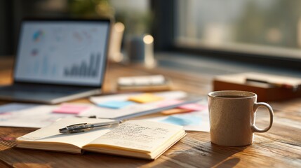 Obraz premium Clean workspace showing a notebook with SEO notes and keyword planning beside a laptop
