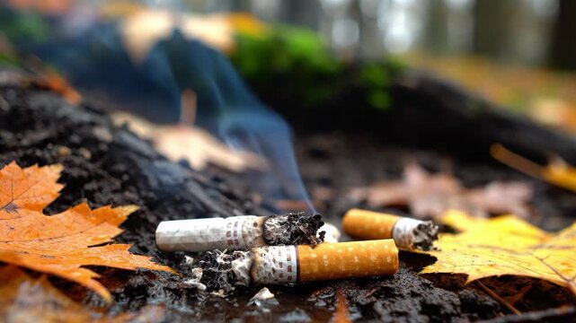 Discarded cigarette butts on damp forest ground with autumn leaves