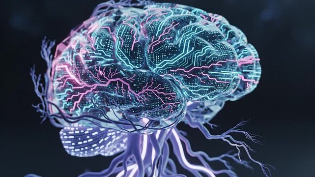 Digital brain with circuit patterns and glowing neural networks