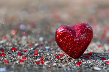 Fototapeta premium Close up view of a sparkling red heart on a bed of gravel, adorned with small heart confetti, creating a romantic valentine's day scene