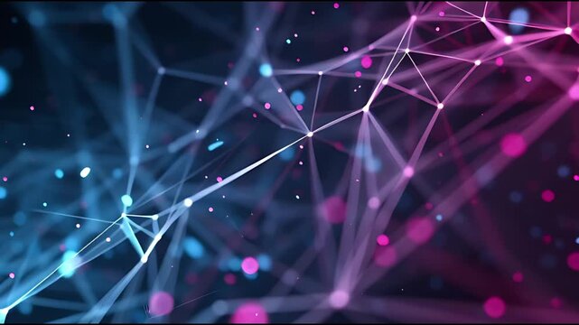 Abstract network structure with glowing nodes and connecting lines in a dark digital background