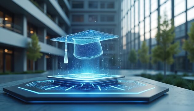 Digital graduation cap hologram displays on futuristic platform. AI learning technology creates future education opportunities. Modern virtual university success.