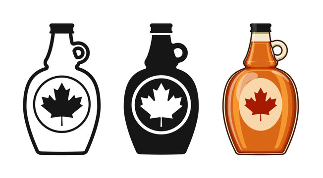 various simple classic canadian maple syrup glass bottle with small ring handle icon symbol vector set on transparent background