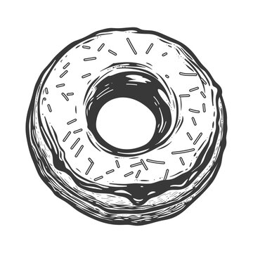 A detailed grayscale illustration of a sprinkled glazed donut