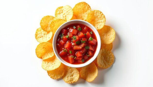 Golden potato chips surround a bowl of red salsa with green onions. The tasty snack is served on a clean white background. Perfect for parties and casual get-togethers.
