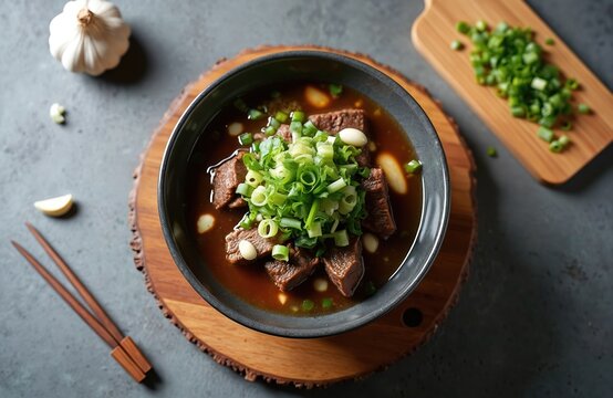 Korean beef short rib soup galbitang served hot in bowl. Tender meat chunks garnish with chopped green onions. Steaming asian broth with garlic and ginger.