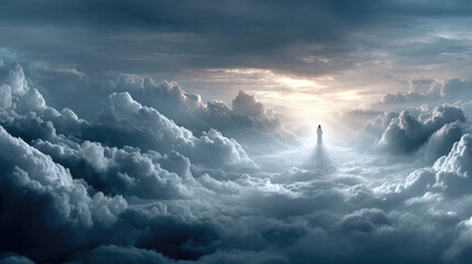 Naklejka premium Virgin Mary ascending to heaven amidst bright radiant light, symbolizing faith, spirituality, and divine grace during a sacred ascension