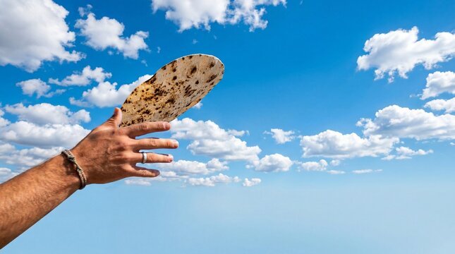 Hand throwing flatbread like a frisbee into blue sky with clouds conceptual 3D art
