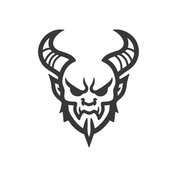 A stylized graphic illustration of a demon head with horns
