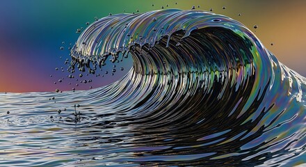 Fototapeta premium Iridescent oil wave cresting with rainbow sheen, abstract depiction of pollution and nature's beauty, a powerful ocean surge