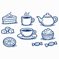 Fototapeta premium Whimsical blue line illustration of tea and dessert items including cake slice, teapot, teacup, cupcake, sugar cubes, lemon slice, candies, and steaming mug, playful hand-drawn style on cream backgrou