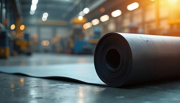Roll of black material lies on factory floor. Industrial warehouse setting with blurred machinery and lights in background. Processed rubber sheet for manufacturing.