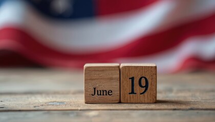 Fototapeta premium Wooden blocks show June 19 date in front of American flag. This signifies Juneteenth, a day of emancipation and celebration in US history. It honors African American freedom and heritage.