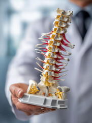 Fototapeta premium Doctor holding detailed anatomical model of human spine showing vertebrae, nerves, and intervertebral discs for medical education and patient care