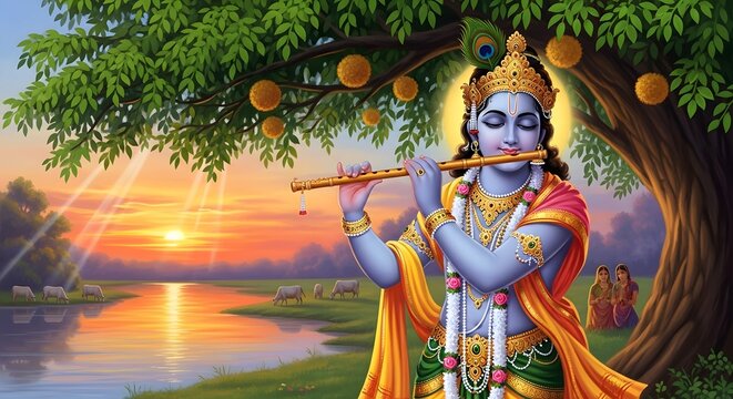 Sri krishna playing flute under tree at sunset hindu mythology