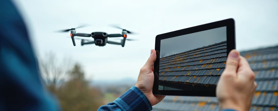 Man in blue plaid shirt uses tablet to control drone flying above house roof. Drone captures aerial footage, shows roof condition on tablet screen for inspection.