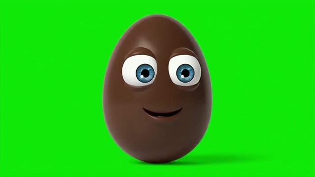 Chocolate egg with face smiling and looking around on green screen
