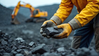 Fototapeta premium Miner in yellow jacket holds coal chunk. Excavator works in background at open pit mine. Worker examines mineral deposit. Industry, energy, resource extraction.